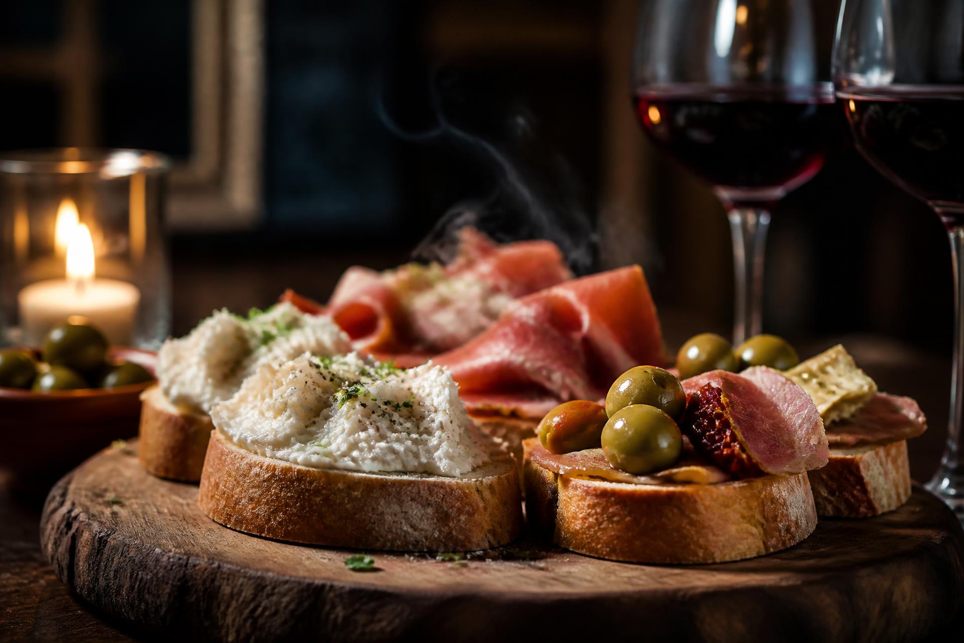 Tagliere di cicchetti e calici di vino rosso